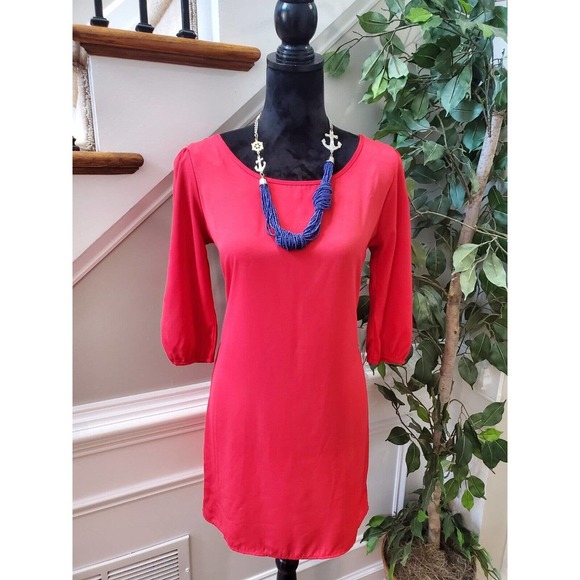 My Story Women's Solid Red Polyester Round Neck Long Sleeve Knee Length Dress S - Picture 7 of 7